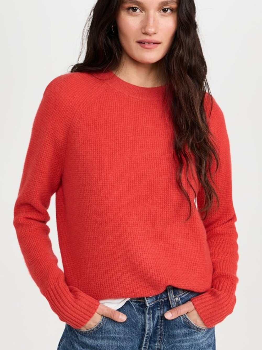 WHITE + WARREN S Red 100% Cashmere Waffle Sweater Crew Neck